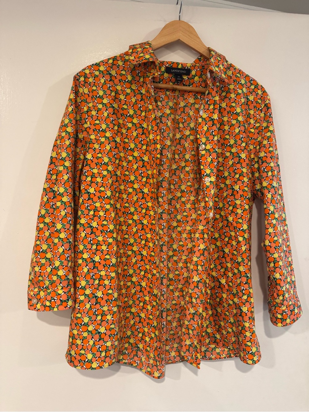 Lands’ End Orange Floral Button Up Shirt Women’s Size 12 Long Sleeve